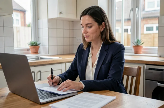 Femme consultant des documents d'aide au logement sur son ordinateur portable dans son appartement