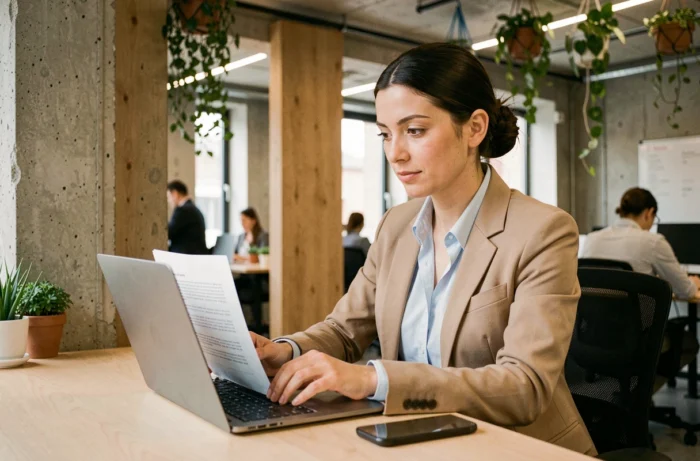 Femme professionnelle travaillant dans un espace de coworking moderne à Nanterre, assise à un bureau partagé avec ordinateur portable