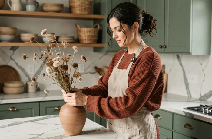 Femme arrangeant des tiges botaniques séchées dans un vase en céramique artisanale, cuisine aux façades vert sauge et plan de travail en marbre Calacatta