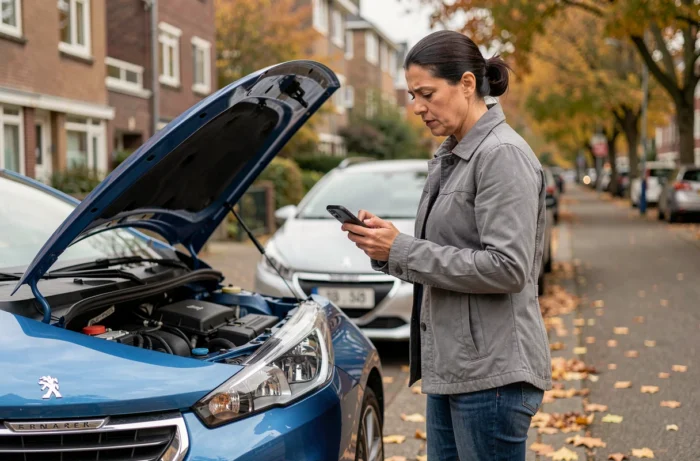 Femme examinant le capot ouvert d'une Peugeot 208 bleue garée dans une rue résidentielle