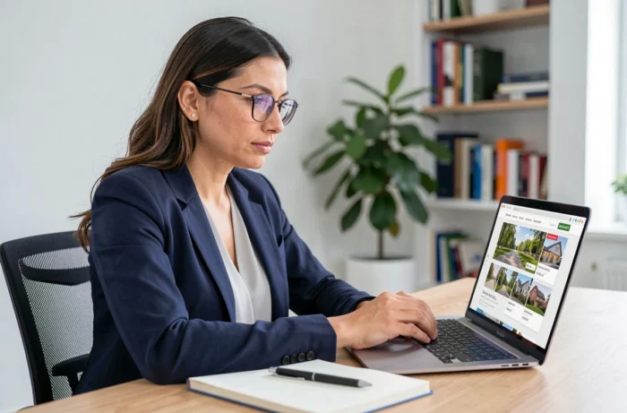 Femme consultant des annonces immobilières en ligne sur un ordinateur portable dans un bureau à domicile en Belgique
