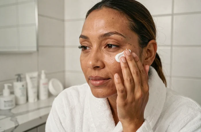 Femme appliquant une crème hydratante CeraVe sur son visage dans une salle de bain minimaliste moderne