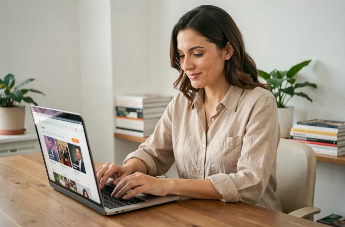 Femme consultant les dernières nouveautés et tendances sur son ordinateur portable dans un bureau minimaliste moderne