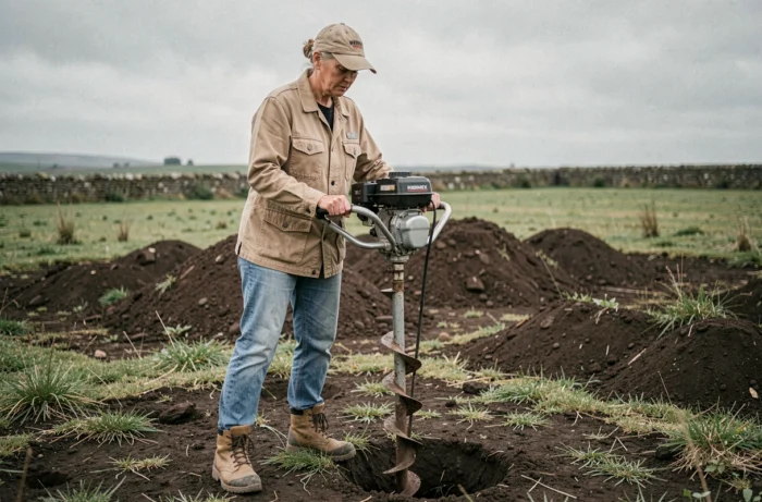 Femme utilisant une tarière thermique Ribimex pour forer le sol dans un terrain rural