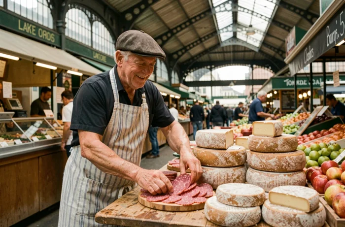 Fromager parisien arrangeant des fromages artisanaux et de la charcuterie dans une halle couverte historique