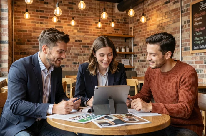 Groupe de jeunes professionnels discutant des nouvelles tendances autour d'une table dans un café urbain moderne