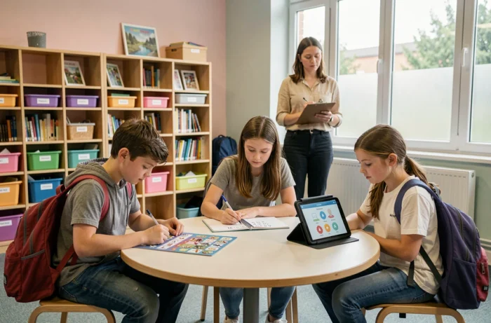 Groupe d'élèves en dispositif ULIS réalisant des activités adaptées avec l'aide d'une AESH dans une salle inclusive