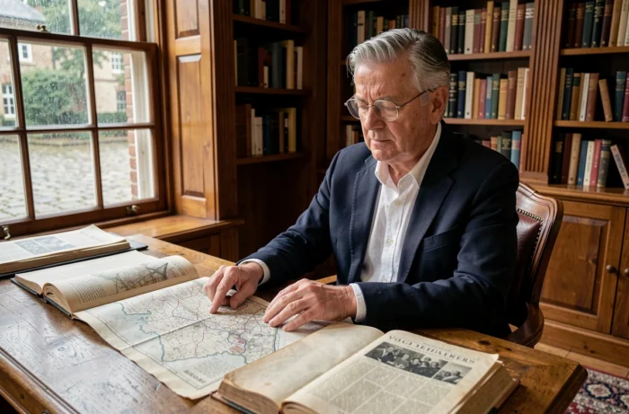 Historien examinant des cartes et documents historiques sur la révolution de juillet 1830 et les Trois Glorieuses dans une bibliothèque parisienne