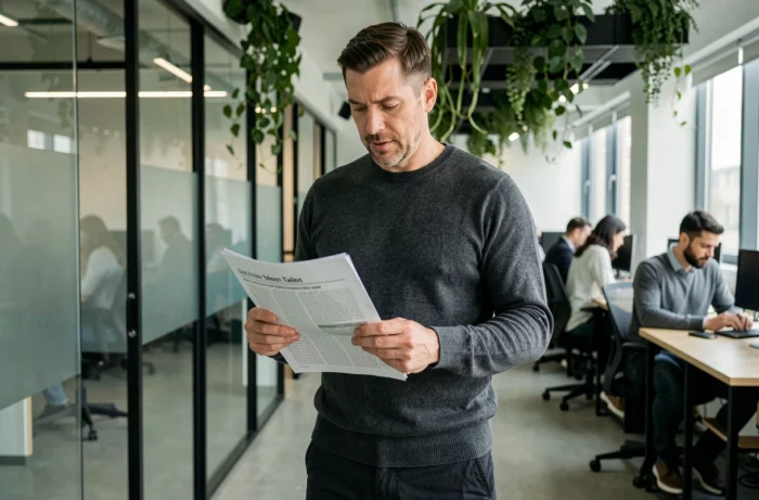 Homme lisant les dernières actualités et tendances dans un espace de co-working contemporain avec plantes vertes