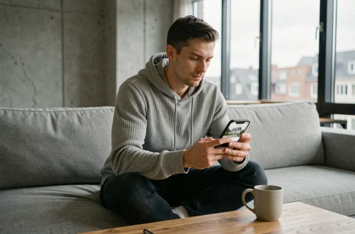 Jeune homme recherchant un appartement à louer en Belgique sur une application immobilière mobile