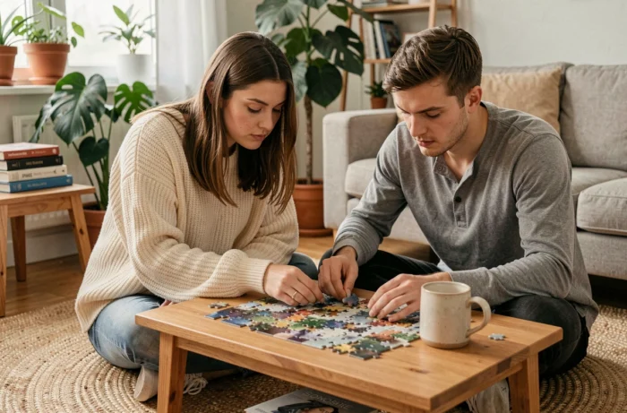 Deux jeunes adultes concentrés sur l'assemblage d'un puzzle complexe dans un salon cosy et décoré