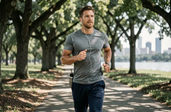 Homme qui fait du jogging dans un parc urbain pour améliorer sa santé et son bien-être