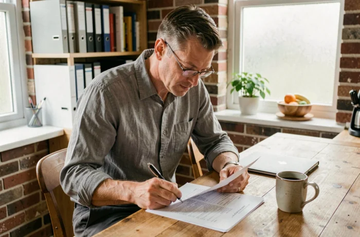 Homme lisant attentivement un contrat de location immobilière assis à une table en bois dans une cuisine moderne