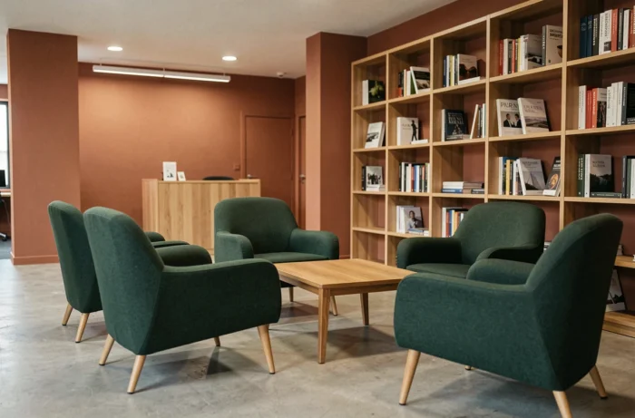 Espace lounge design et ergonomique d'un coworking à Nanterre avec fauteuils verts et ambiance professionnelle chaleureuse
