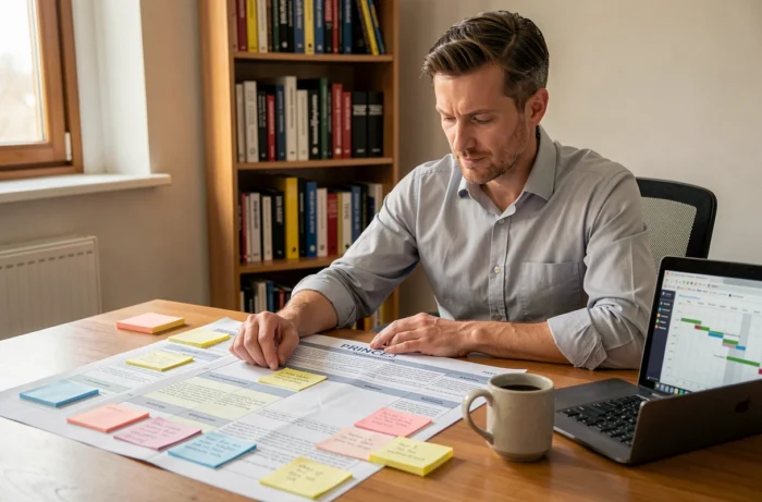 Manager examinant un plan de projet structuré selon la méthodologie PRINCE2 sur son bureau avec des annotations