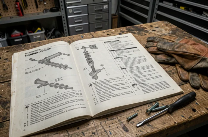 Manuel technique d'une tarière thermique Ribimex ouvert sur un établi avec outils et vis