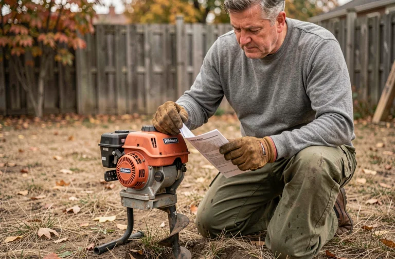 Homme consultant le manuel d'utilisation d'une tarière thermique Ribimex dans un jardin en automne