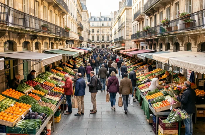 Vue panoramique du marché d'Aligre à Paris avec des étals de fruits, légumes et fleurs animés le week-end