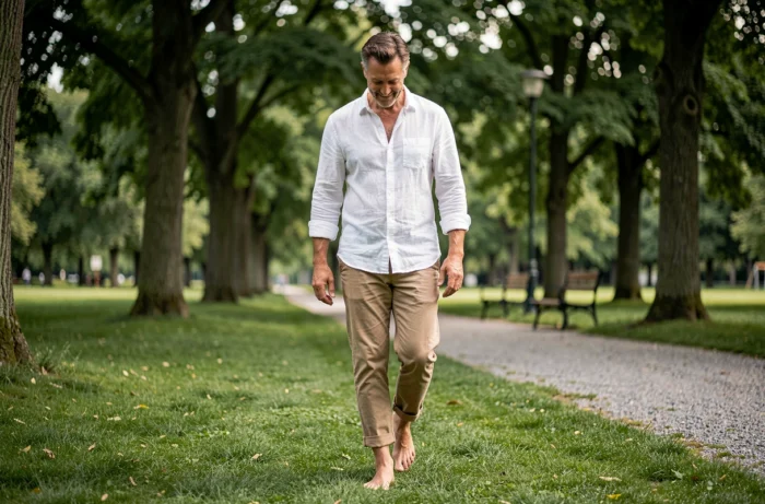 Homme marchant pieds nus dans la nature pour favoriser son bien-être au quotidien