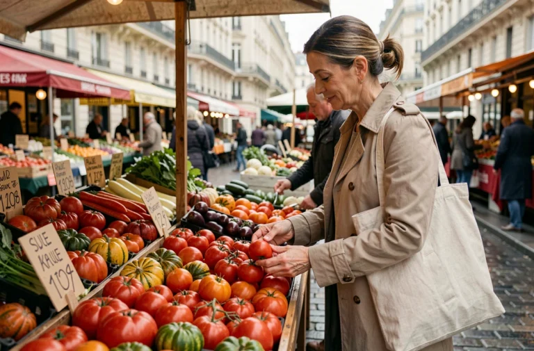Femme choisissant des tomates fraîches sur un marché en plein air parisien avec des façades haussmanniennes en arrière-plan