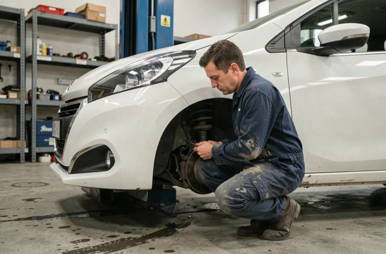 Mécanicien inspectant la suspension d'une Peugeot 208 blanche dans un garage automobile professionnel