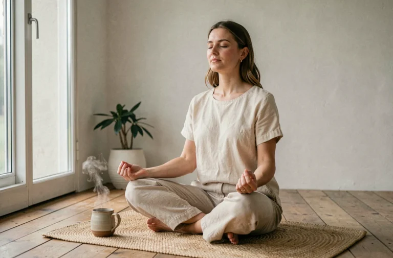 Femme pratiquant la méditation matinale chez elle pour améliorer son bien-être quotidien