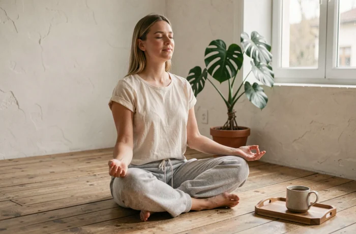 Femme pratiquant la méditation à domicile pour améliorer son bien-être naturellement