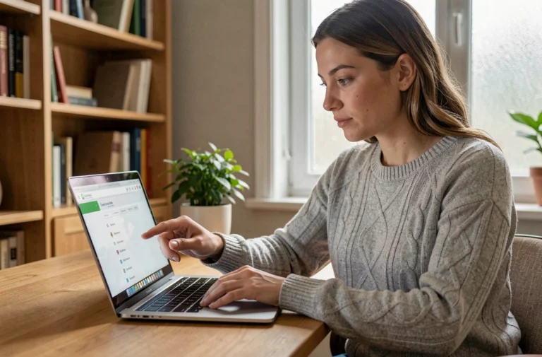 Jeune femme naviguant sur un plan de site bien structuré depuis son ordinateur portable dans un bureau à domicile