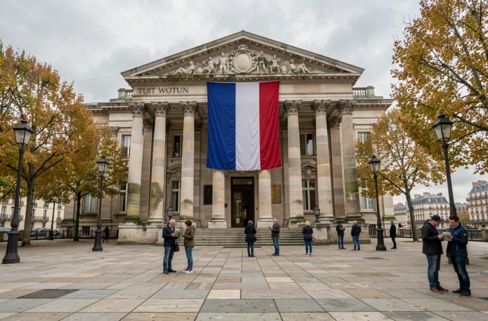 Façade du Palais Bourbon à Paris avec le drapeau tricolore, symbole du pouvoir législatif issu des révolutions constitutionnelles de 1830