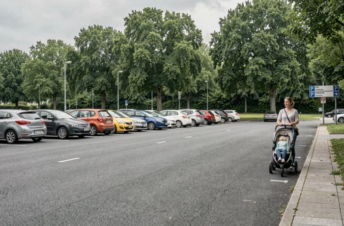 Aire de stationnement gratuite en bordure d'un parc urbain à Rennes avec familles et végétation