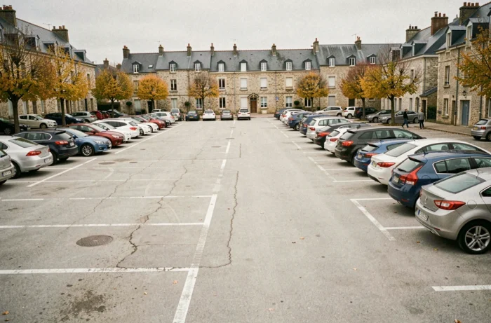 Parking gratuit en plein air dans un quartier résidentiel de Rennes avec rangées de voitures et façades en pierre bretonne