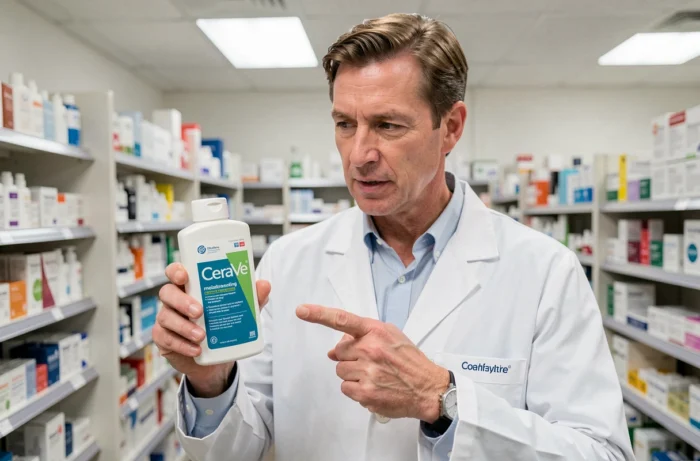 Pharmacien expliquant la composition et les bienfaits d'une crème CeraVe en pharmacie