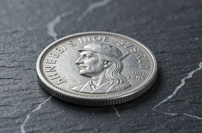 Pièce de 5 francs suisses 1971 posée sur ardoise sombre, gros plan macro sur le portrait de Guillaume Tell en relief argenté