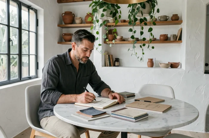 Homme planifiant un projet de décoration intérieure harmonieuse à une table en marbre dans un espace cuisine-salon moderne et naturel