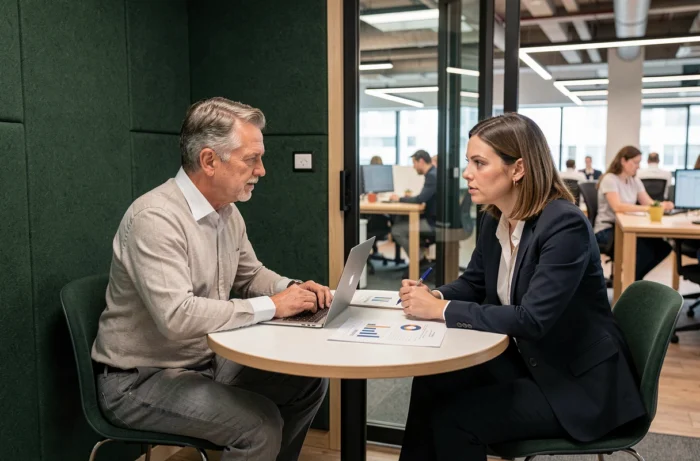Deux professionnels en réunion dans un pod de travail privatif d'un espace business moderne et fonctionnel