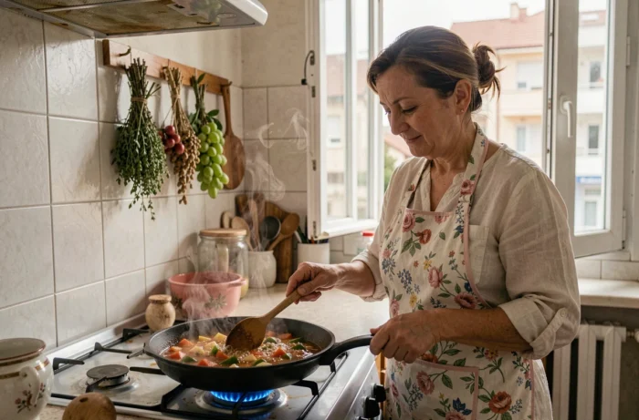 Femme albanaise préparant la fergese traditionnelle dans une poêle en fonte sur une cuisinière, dans une cuisine typique de Tirana