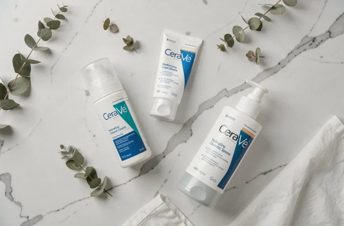 Plat de produits CeraVe sur marbre blanc avec composition minimaliste et feuilles d'eucalyptus