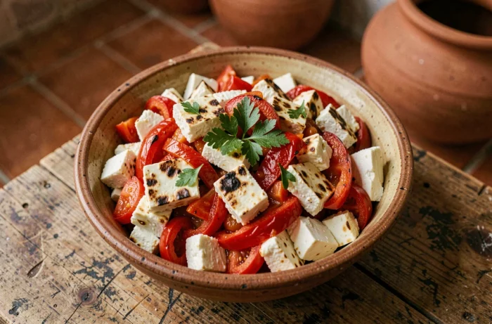 Bol de fergese albanaise maison avec poivrons rouges grillés, tomates et fromage blanc, servi dans un plat en céramique rustique sur une table en bois