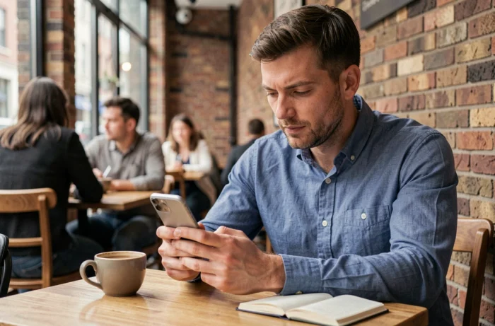 Homme consultant un profil Instagram sur son smartphone dans un café pour retrouver une adresse email de contact