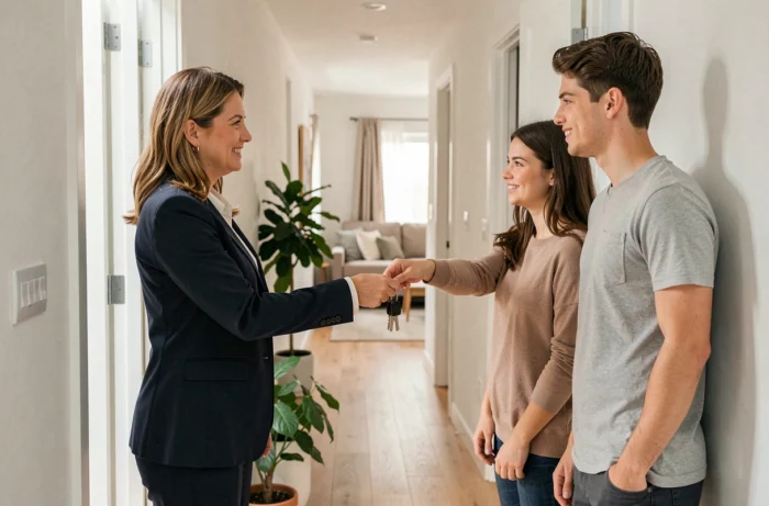 Agent immobilière remettant les clés d'un appartement à un couple de locataires souriants dans un couloir moderne