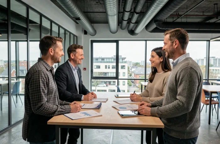 Groupe de professionnels en réunion informelle dans un espace de coworking à Nanterre avec vue sur la ville