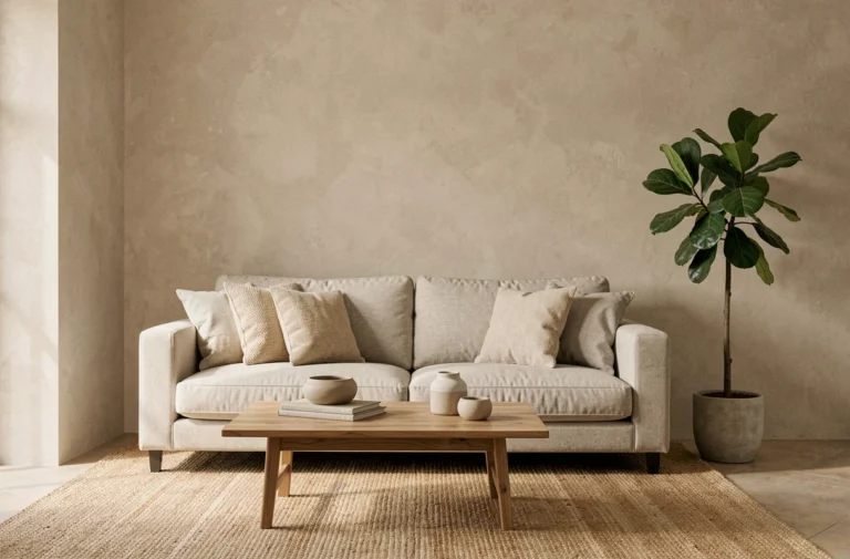 Salon moderne et épuré avec canapé en lin beige, table basse en chêne et plante fiddle-leaf fig, décoré dans un style minimaliste apaisant