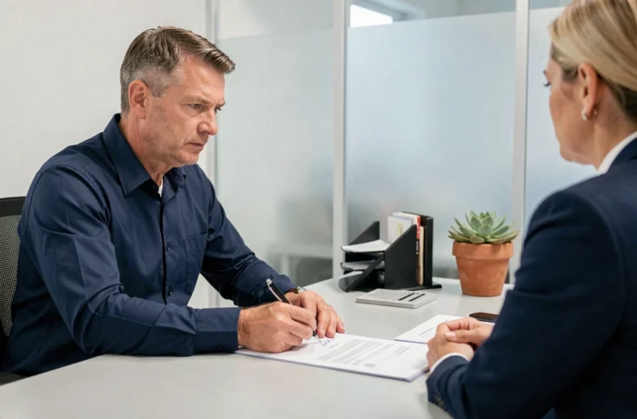 Homme signant un contrat de prêt immobilier avec un conseiller bancaire dans un bureau professionnel