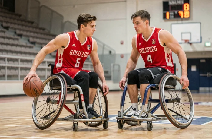 Joueur de basketball en fauteuil roulant et coéquipier valide s'entraînant ensemble dans un gymnase sportif inclusif