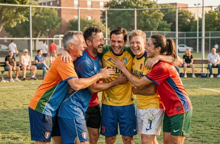 Groupe de joueurs de football issus de milieux divers se félicitant après un match communautaire dans un parc urbain