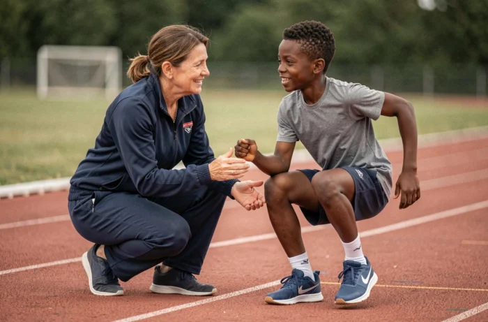 Entraîneuse bénévole guidant un jeune adolescent sur une piste d'athlétisme lors d'un entraînement solidaire