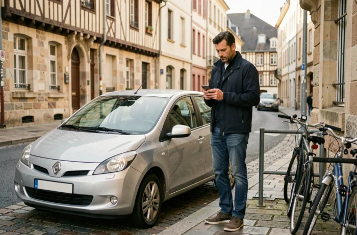 Homme garant sa voiture dans une rue avec stationnement gratuit au centre de Rennes