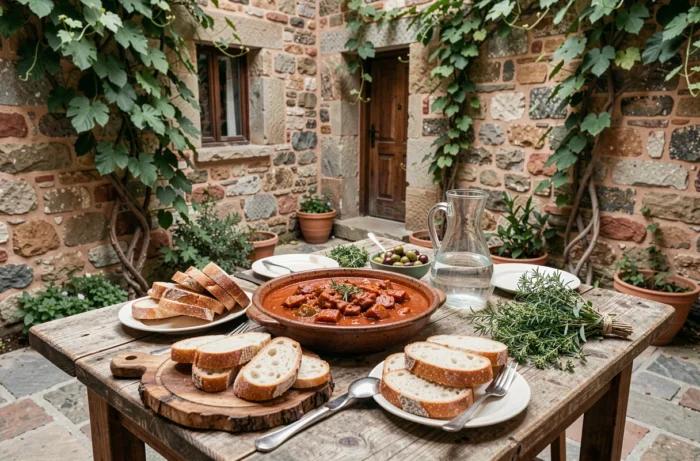 Table dressée en plein air dans une cour albanaise avec un grand plat de fergese végétarienne, du pain rustique et des olives pour un repas traditionnel