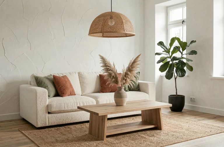 Salon scandinave moderne avec canapé boucle crème, coussins terracotta et vert sauge, table basse en chêne naturel et plantes d'intérieur tendance