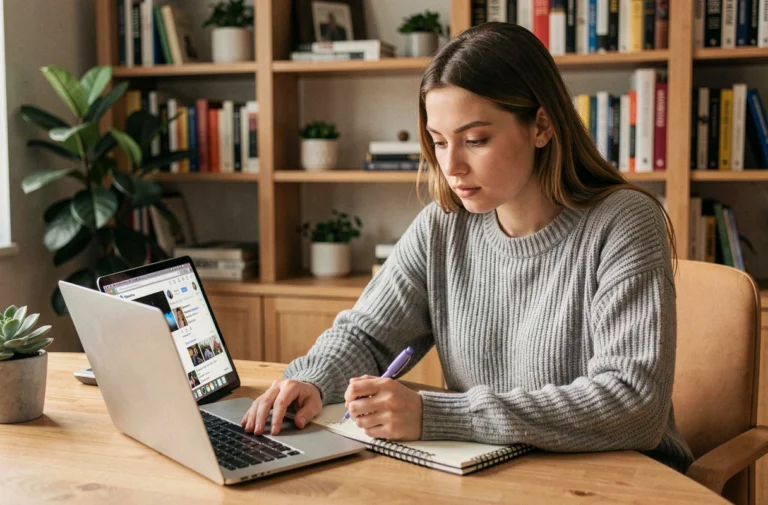 Jeune femme cherchant une adresse mail sur un compte Instagram depuis son ordinateur portable dans un bureau à domicile